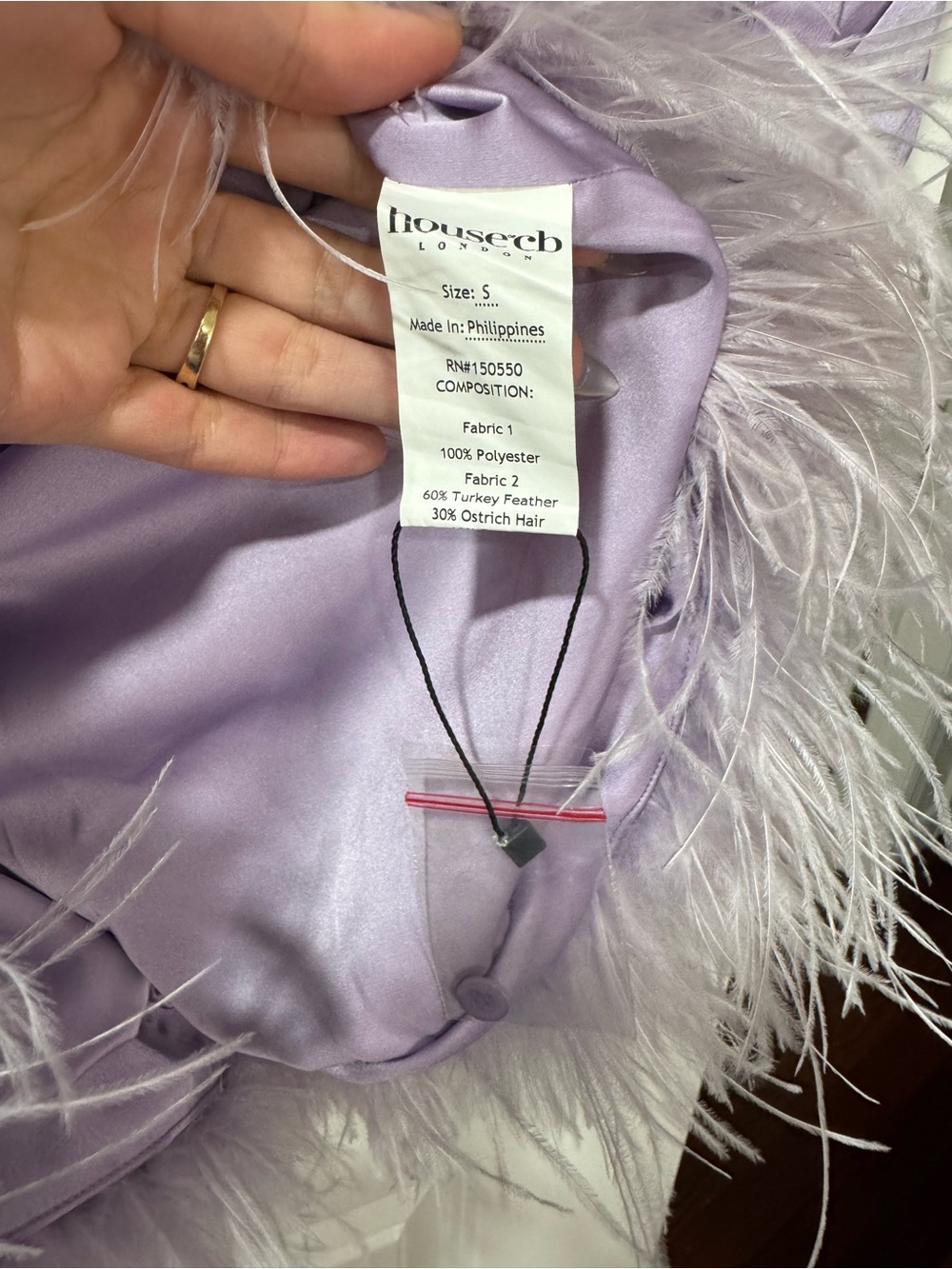 House of CB Tyra Orchid Satin Shirt Dress Feather Trim Lavender S - Picture 10 of 12